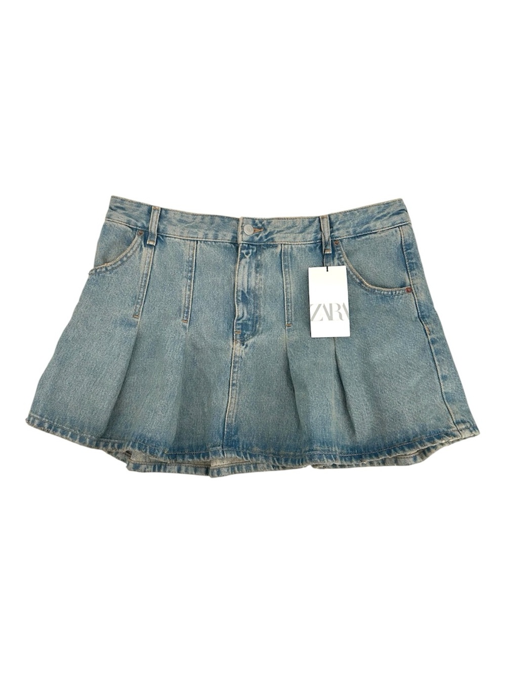 NWT Zara Box Pleat Denim Micro Mini Lightly Distressed Skirt XL